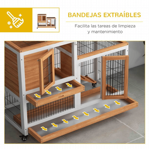 PawHut Coelheira de Madeira Interior com Rodas Gaiola para Coelhos Animais Pequenos de 2 Pisos com Zona Aberta Rampa e 2 Bandejas Removíveis 110x50x88 cm Madeira