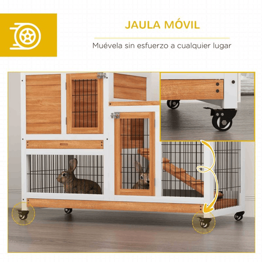 PawHut Coelheira de Madeira Interior com Rodas Gaiola para Coelhos Animais Pequenos de 2 Pisos com Zona Aberta Rampa e 2 Bandejas Removíveis 110x50x88 cm Madeira