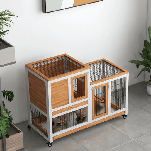 PawHut Coelheira de Madeira Interior com Rodas Gaiola para Coelhos Animais Pequenos de 2 Pisos com Zona Aberta Rampa e 2 Bandejas Removíveis 110x50x88 cm Madeira