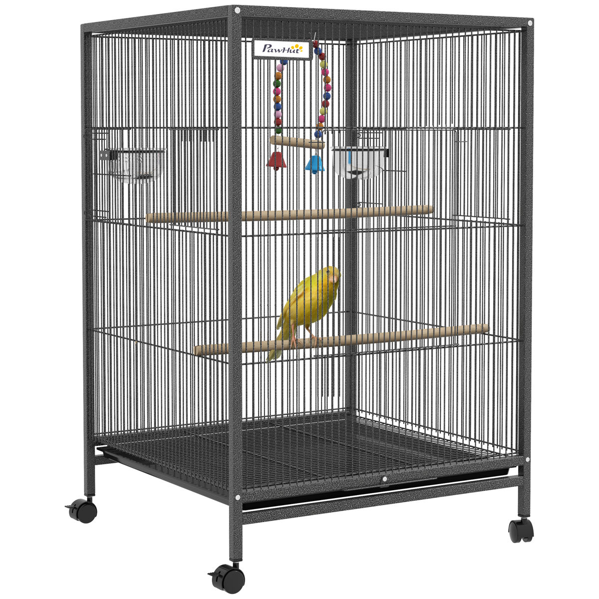 Pawhut jaula para pájaros con ruedas, pajarera de acero con perchas, columpio bandeja extraíble y cuencos de acero inoxidable, jaula grande para loros, canario, periquito, 48x46x78 cm, gris