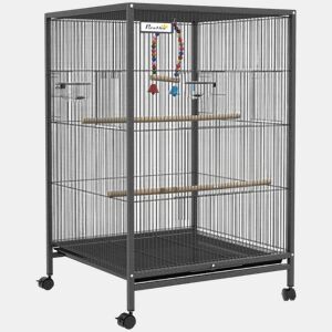 PawHut Gaiola para Pássaros com Rodas, Estrutura em Aço com Poleiros, Baloiço, Bandeja Removível e Tigelas de Aço Inoxidável, Gaiola Grande para Papagaios, Canários e Periquitos, 48x46x78 cm, Cinzento