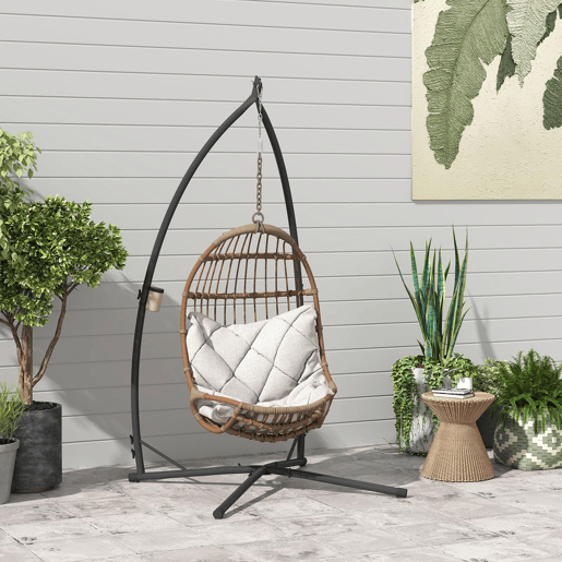 Outsunny Suporte para Cadeira Suspensa Altura 215 cm com Estrutura de Aço Base Estável e Suporte para Copos Suporte para Cadeira de Baloiço para Pátio Jardim Varanda Carga 150 kg 105x105x215 cm Preto