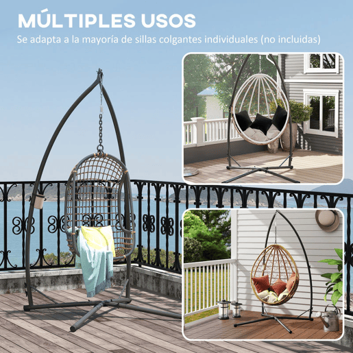 Outsunny Suporte para Cadeira Suspensa Altura 215 cm com Estrutura de Aço Base Estável e Suporte para Copos Suporte para Cadeira de Baloiço para Pátio Jardim Varanda Carga 150 kg 105x105x215 cm Preto