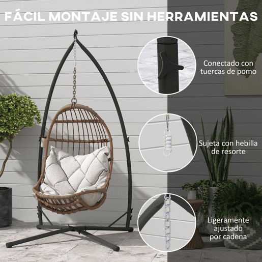 Outsunny Suporte para Cadeira Suspensa Altura 215 cm com Estrutura de Aço Base Estável e Suporte para Copos Suporte para Cadeira de Baloiço para Pátio Jardim Varanda Carga 150 kg 105x105x215 cm Preto
