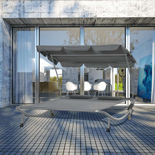 Outsunny Espreguiçadeira Dupla de Jardim com Toldo Ajustável Espreguiçadeira de Jardim com 2 Almofadas para 2 Pessoas Espreguiçadeira de Piscina com 2 Rodas 200x175x134 cm Cinza