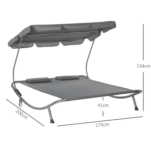 Outsunny Espreguiçadeira Dupla de Jardim com Toldo Ajustável Espreguiçadeira de Jardim com 2 Almofadas para 2 Pessoas Espreguiçadeira de Piscina com 2 Rodas 200x175x134 cm Cinza