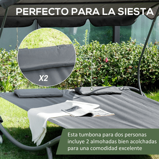 Outsunny Espreguiçadeira Dupla de Jardim com Toldo Ajustável Espreguiçadeira de Jardim com 2 Almofadas para 2 Pessoas Espreguiçadeira de Piscina com 2 Rodas 200x175x134 cm Cinza
