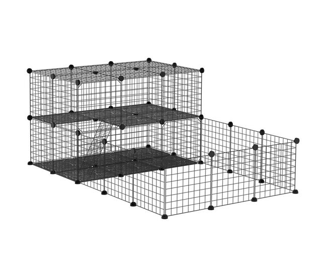 Pawhut jaula para animales pequeños de 33 paneles parque para mascotas forma personalizable valla metálica para cobayas conejos chinchillas 175x105x70 cm negro