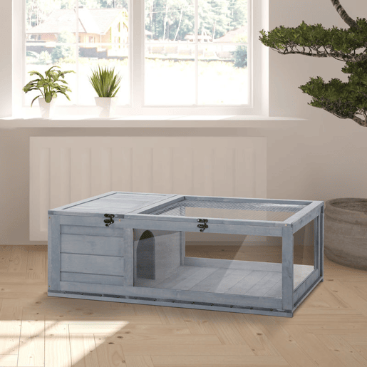 PawHut Casa para Tartarugas de Madeira Terrario para Reptéis com Teto de Malha Painéis Laterais Transparentes e Trava de Segurança 91x60,5x32 cm Cinza