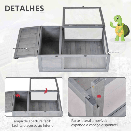 PawHut Casa para Tartarugas de Madeira Terrario para Reptéis com Teto de Malha Painéis Laterais Transparentes e Trava de Segurança 91x60,5x32 cm Cinza