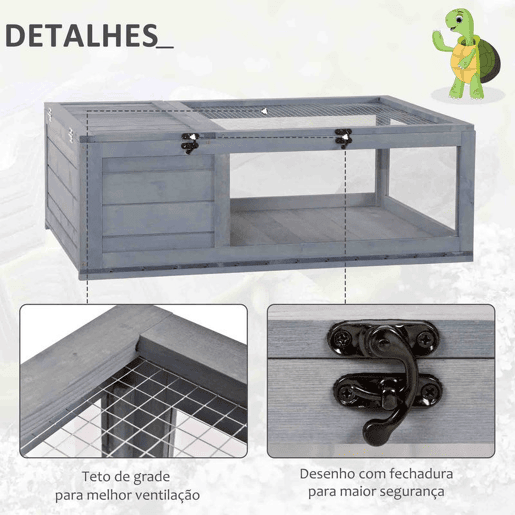PawHut Casa para Tartarugas de Madeira Terrario para Reptéis com Teto de Malha Painéis Laterais Transparentes e Trava de Segurança 91x60,5x32 cm Cinza