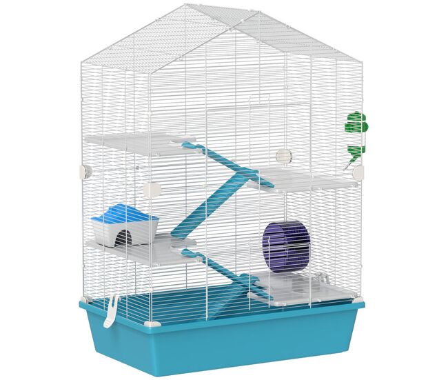 Pawhut jaula para hámster de 5 niveles casa para animales pequeños con plataformas cuenco bebedero casita rampas y rueda de ejercicio 58x36x81 cm azul claro