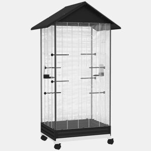 PawHut Gaiola para Pássaros com Rodas, 79x65x155 cm, Gaiola Grande com 2 Comedouros, 8 Poleiros, 4 Portas e Bandeja Removível, Design do Teto, Viveiro para Tentilhões e Canários, Preto