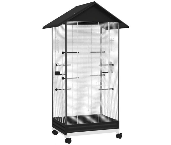 Pawhut jaula para pájaros con ruedas, 79x65x155 cm, jaula grande con 2 comederos, 8 perchas, 4 puertas y bandeja extraíble, diseño del techo, pajarera