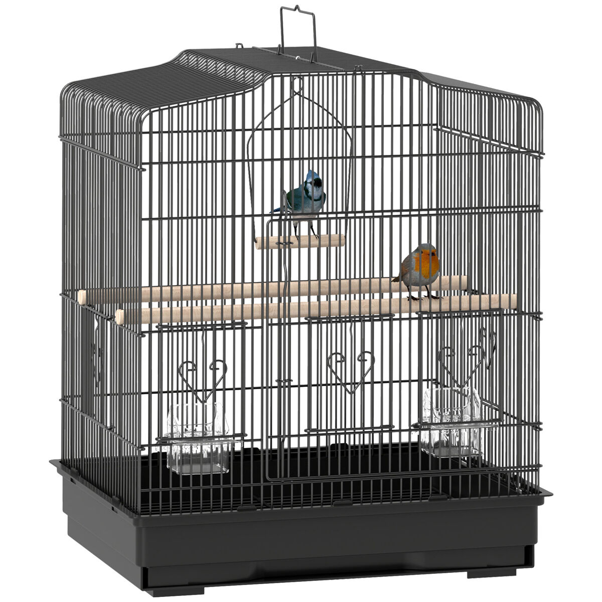 Pawhut jaula para pájaros, jaula de acero para pájaros con puertas, 2 comederos, 2 perchas, columpio, bandeja extraíble y asa de transporte, para loro, canario, periquito, 46,5x36x59 cm, negro