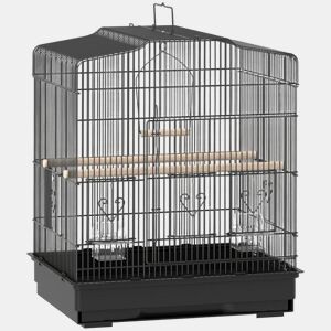 PawHut Gaiola para Pássaros 46,5x36x59 cm Gaiola de Metal para Pássaros com Portas 2 Comedouros 2 Poleiros Baloiço Bandeja Amovível e Pega de Transporte para Canário Periquito Preto