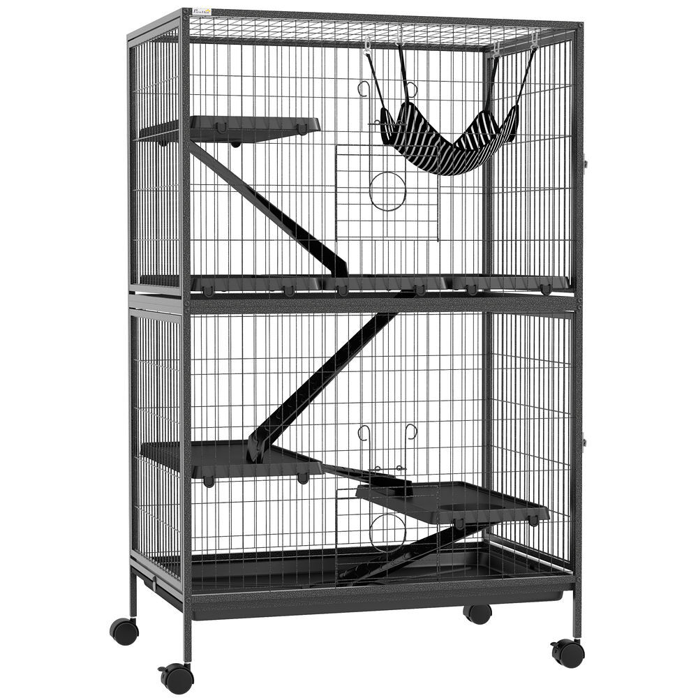 Pawhut jaula para animales pequeños de 4 niveles jaula para roedores con ruedas rampas hamaca colgante y bandeja extraíble recinto para conejos chinchillas hurones 80x52x128 cm gris oscuro