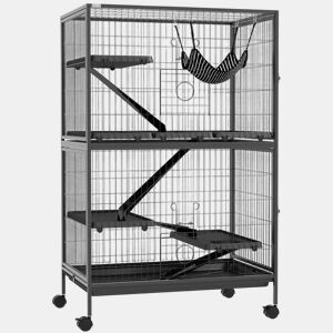 PawHut Gaiola para Roedores 80x52x128 cm Casa de 4 Alturas com Rampas Suspensa Rede Bandeja Removível Rodas Portas Cinza Escuro