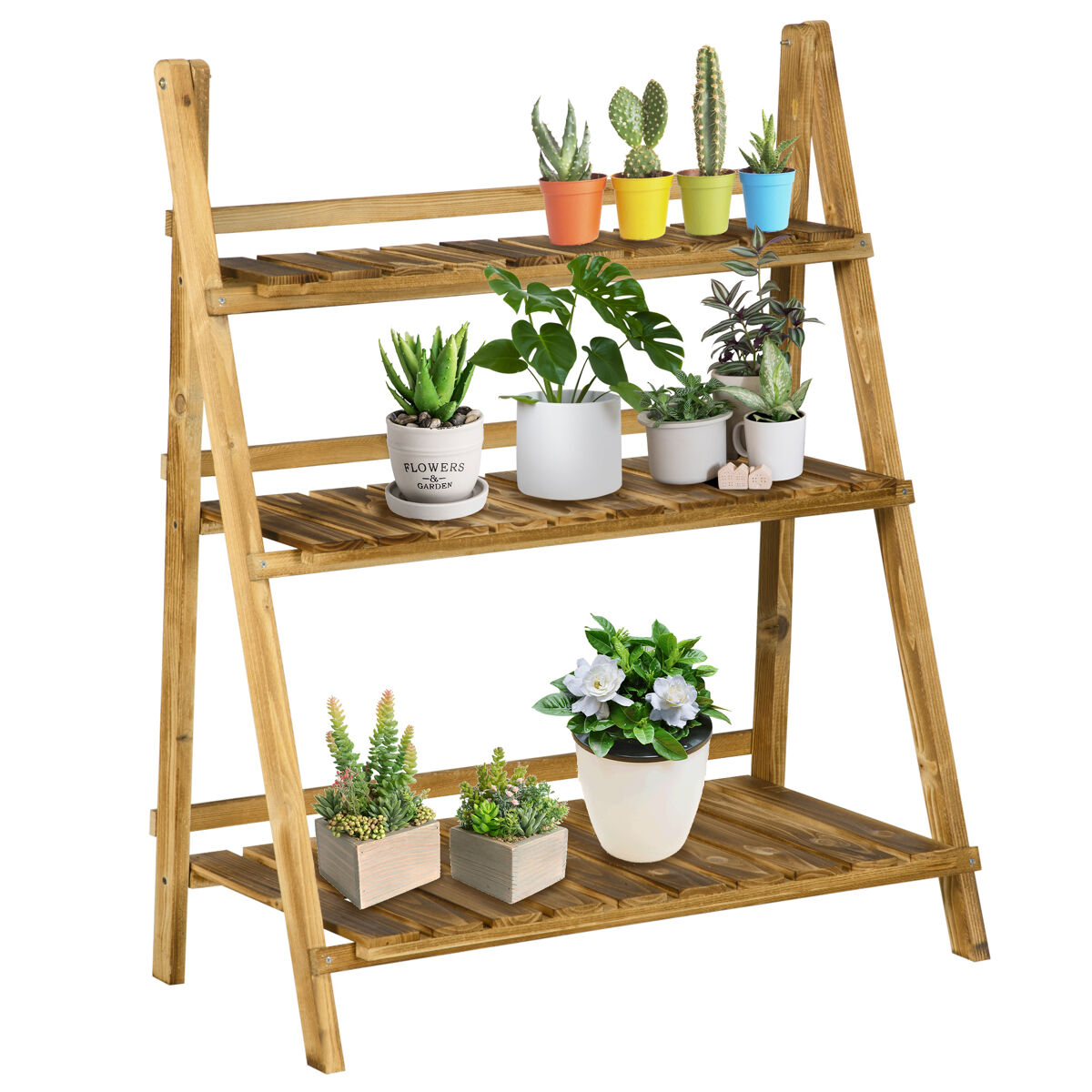 Outsunny soporte para plantas de madera de 3 niveles estantería para plantas plegable soporte para macetas para interior y exterior terraza jardín balcón 80x37x93 cm natural