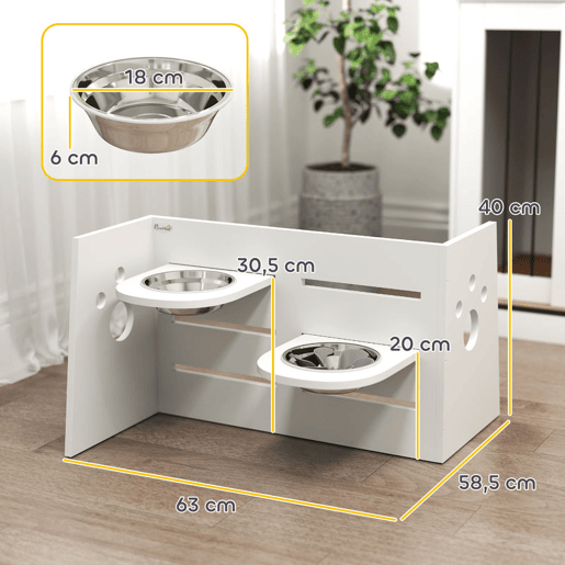 PawHut Comedouro para Cães Elevado Comedouro para Animais com 3 Alturas 2 Tigelas 2x1L e Sistema de Alimentação Lenta para Cães Pequenos Médios e Grandes 63x58,5x40 cm Branco