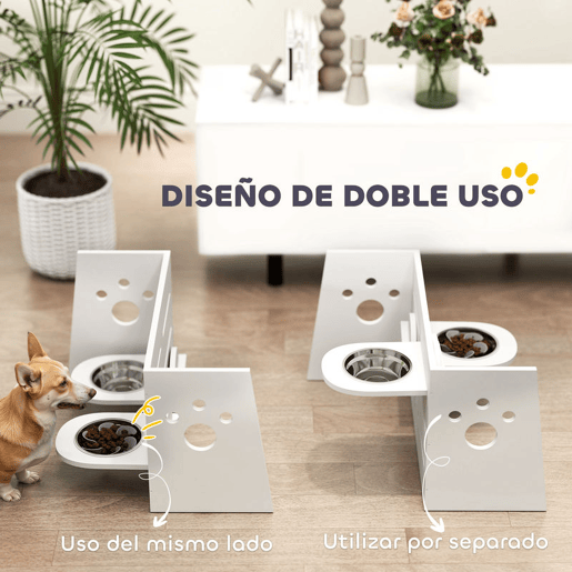 PawHut Comedouro para Cães Elevado Comedouro para Animais com 3 Alturas 2 Tigelas 2x1L e Sistema de Alimentação Lenta para Cães Pequenos Médios e Grandes 63x58,5x40 cm Branco