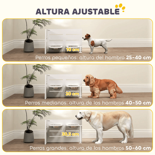 PawHut Comedouro para Cães Elevado Comedouro para Animais com 3 Alturas 2 Tigelas 2x1L e Sistema de Alimentação Lenta para Cães Pequenos Médios e Grandes 63x58,5x40 cm Branco