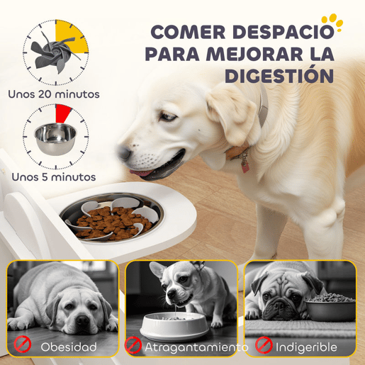 PawHut Comedouro para Cães Elevado Comedouro para Animais com 3 Alturas 2 Tigelas 2x1L e Sistema de Alimentação Lenta para Cães Pequenos Médios e Grandes 63x58,5x40 cm Branco