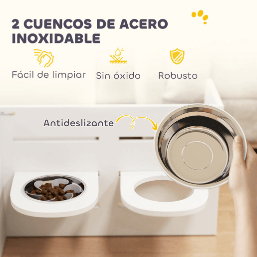 PawHut Comedouro para Cães Elevado Comedouro para Animais com 3 Alturas 2 Tigelas 2x1L e Sistema de Alimentação Lenta para Cães Pequenos Médios e Grandes 63x58,5x40 cm Branco