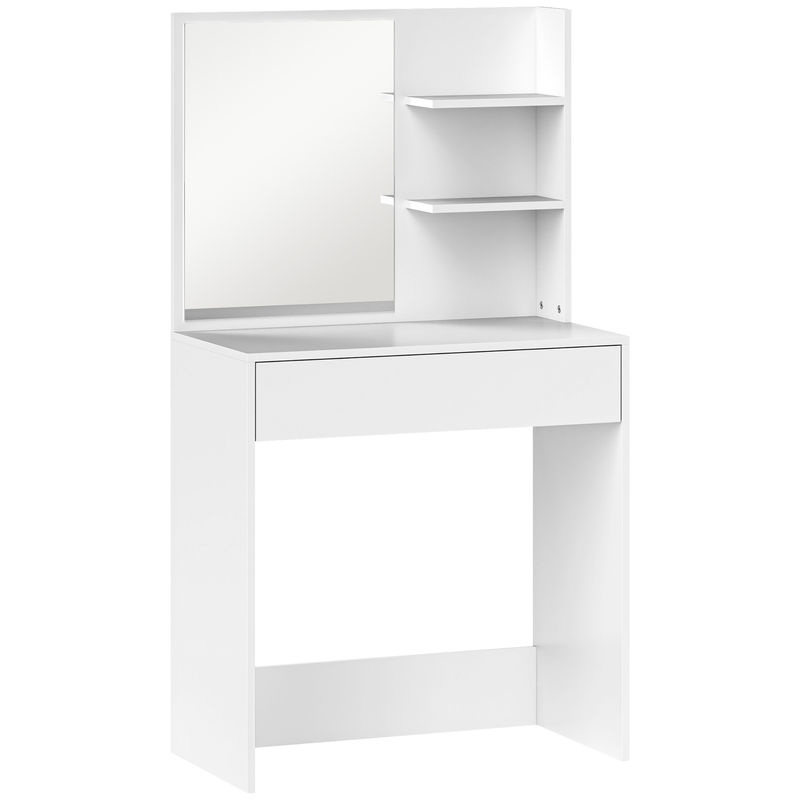 Homcom tocador de maquillaje con espejo mesa de maquillaje con cajón y 3 estantes abiertos tocador para espacios pequeños dormitorio salón blanco