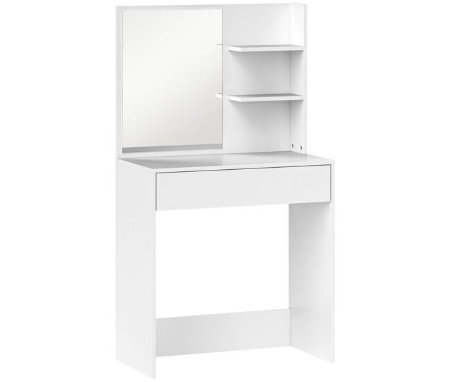 Homcom tocador de maquillaje con espejo mesa de maquillaje con cajón y 3 estantes abiertos tocador para espacios pequeños dormitorio salón blanco