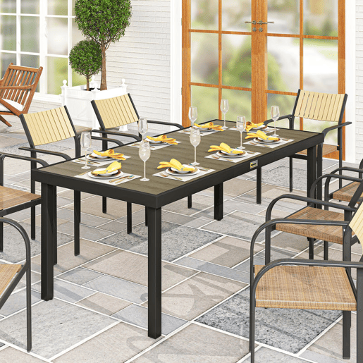 Outsunny Mesa de Jardim Retangular Mesa de Exterior para 8 Pessoas com Bancada de Ripas e Estrutura de Alumínio para Terraço Balcão 190x90x74 cm Preto e Madeira