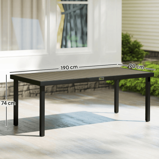 Outsunny Mesa de Jardim Retangular Mesa de Exterior para 8 Pessoas com Bancada de Ripas e Estrutura de Alumínio para Terraço Balcão 190x90x74 cm Preto e Madeira