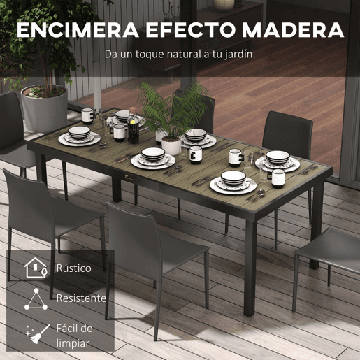 Outsunny Mesa de Jardim Retangular Mesa de Exterior para 8 Pessoas com Bancada de Ripas e Estrutura de Alumínio para Terraço Balcão 190x90x74 cm Preto e Madeira