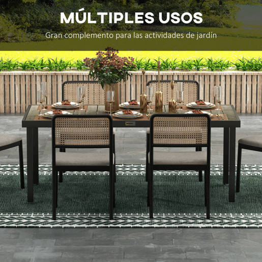 Outsunny Mesa de Jardim Retangular Mesa de Exterior para 8 Pessoas com Bancada de Ripas e Estrutura de Alumínio para Terraço Balcão 190x90x74 cm Preto e Madeira