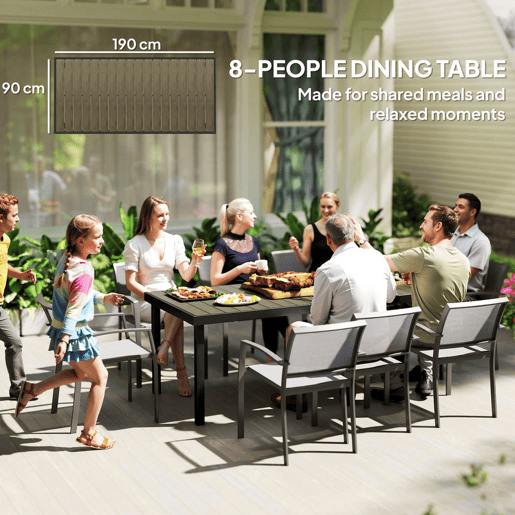 Outsunny Mesa de Jardim Retangular Mesa de Exterior para 8 Pessoas com Bancada de Ripas e Estrutura de Alumínio para Terraço Balcão 190x90x74 cm Preto e Madeira