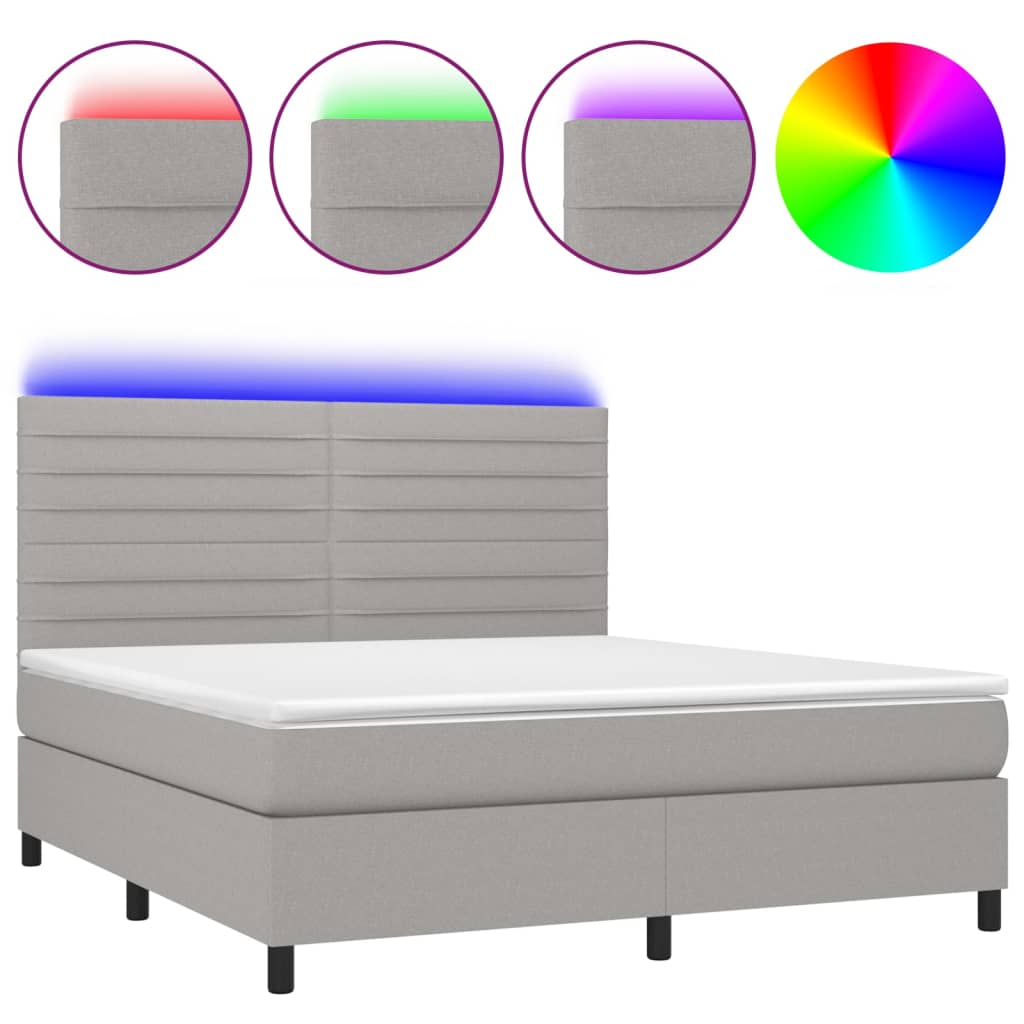 Cama box spring colchón y luces led tela gris claro 160x200 cm rayas horizontales