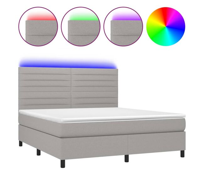 Cama box spring colchón y luces led tela gris claro 160x200 cm rayas horizontales