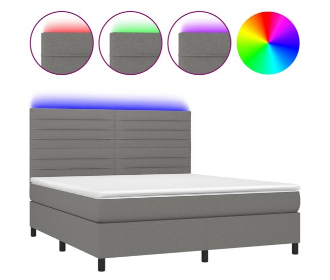 Cama box spring colchón y luces led tela gris oscuro 180x200 cm rayas horizontales