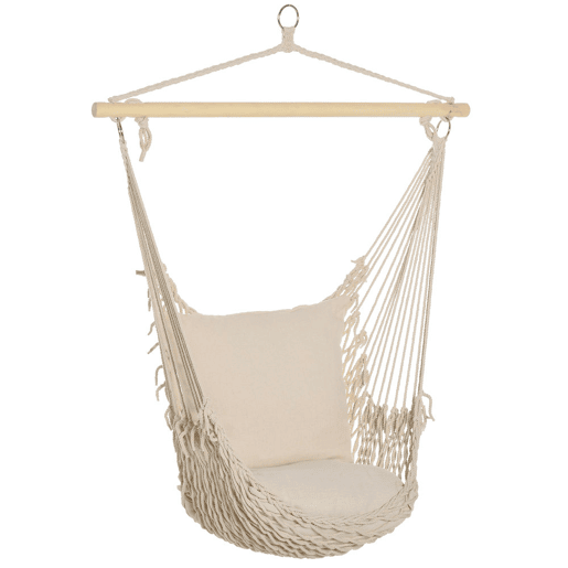 Outsunny Cadeira Suspensa Cadeira Rede Suspensa com 2 Almofadas de Algodão Barra de Madeira Cadeira Suspensa Baloiço para Interior e Exterior Carga 120 kg 120x90 cm Creme