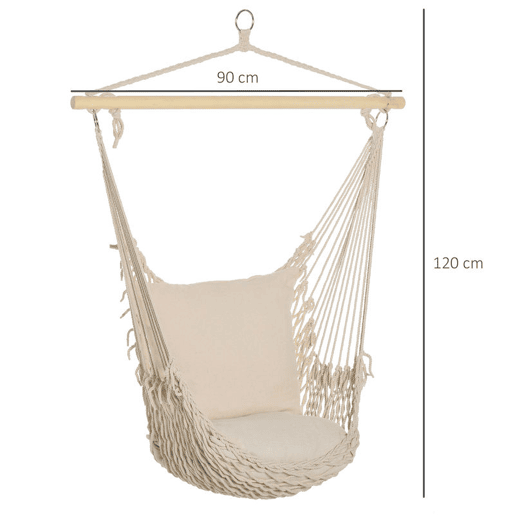 Outsunny Cadeira Suspensa Cadeira Rede Suspensa com 2 Almofadas de Algodão Barra de Madeira Cadeira Suspensa Baloiço para Interior e Exterior Carga 120 kg 120x90 cm Creme