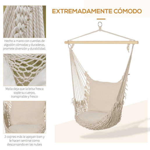 Outsunny Cadeira Suspensa Cadeira Rede Suspensa com 2 Almofadas de Algodão Barra de Madeira Cadeira Suspensa Baloiço para Interior e Exterior Carga 120 kg 120x90 cm Creme