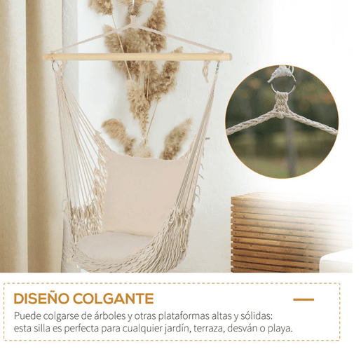 Outsunny Cadeira Suspensa Cadeira Rede Suspensa com 2 Almofadas de Algodão Barra de Madeira Cadeira Suspensa Baloiço para Interior e Exterior Carga 120 kg 120x90 cm Creme