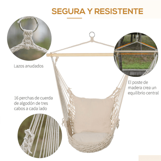 Outsunny Cadeira Suspensa Cadeira Rede Suspensa com 2 Almofadas de Algodão Barra de Madeira Cadeira Suspensa Baloiço para Interior e Exterior Carga 120 kg 120x90 cm Creme
