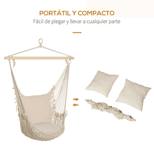 Outsunny Cadeira Suspensa Cadeira Rede Suspensa com 2 Almofadas de Algodão Barra de Madeira Cadeira Suspensa Baloiço para Interior e Exterior Carga 120 kg 120x90 cm Creme