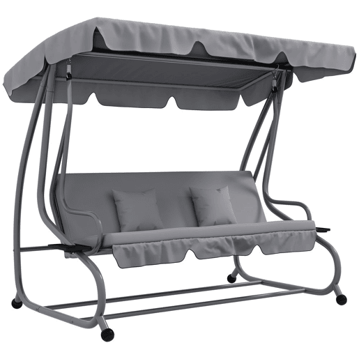 Outsunny Baloiço de Jardim Exterior de 3 Lugares Conversível em Cama 2 em 1 com Toldo Ajustável, Suportes Laterais e 2 Almofadas, Capacidade de 340 kg, 200x120x164 cm, Cinzento