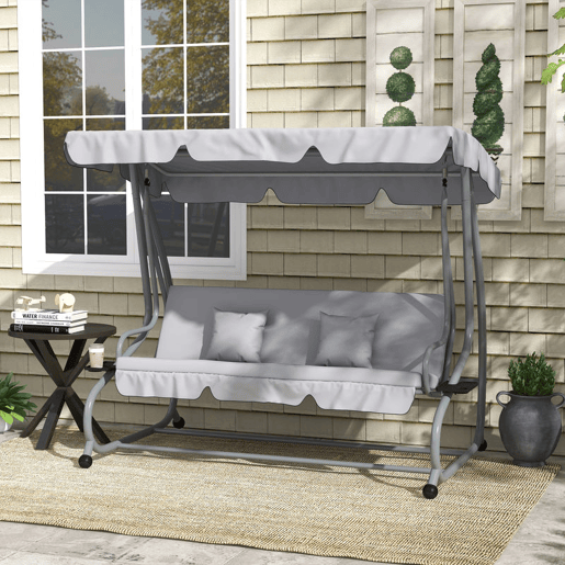 Outsunny Baloiço de Jardim Exterior de 3 Lugares Conversível em Cama 2 em 1 com Toldo Ajustável, Suportes Laterais e 2 Almofadas, Capacidade de 340 kg, 200x120x164 cm, Cinzento