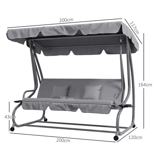 Outsunny Baloiço de Jardim Exterior de 3 Lugares Conversível em Cama 2 em 1 com Toldo Ajustável, Suportes Laterais e 2 Almofadas, Capacidade de 340 kg, 200x120x164 cm, Cinzento