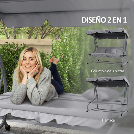 Outsunny Baloiço de Jardim Exterior de 3 Lugares Conversível em Cama 2 em 1 com Toldo Ajustável, Suportes Laterais e 2 Almofadas, Capacidade de 340 kg, 200x120x164 cm, Cinzento