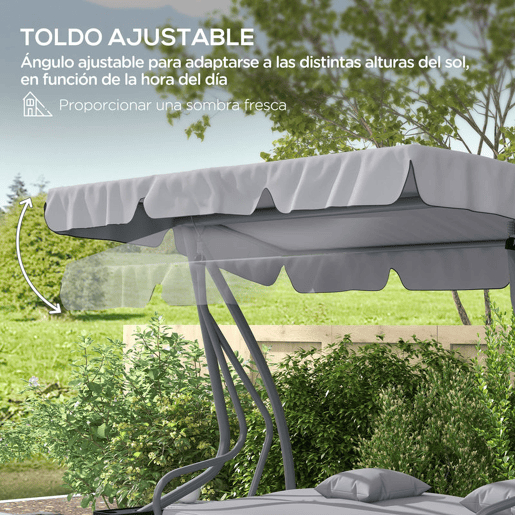 Outsunny Baloiço de Jardim Exterior de 3 Lugares Conversível em Cama 2 em 1 com Toldo Ajustável, Suportes Laterais e 2 Almofadas, Capacidade de 340 kg, 200x120x164 cm, Cinzento