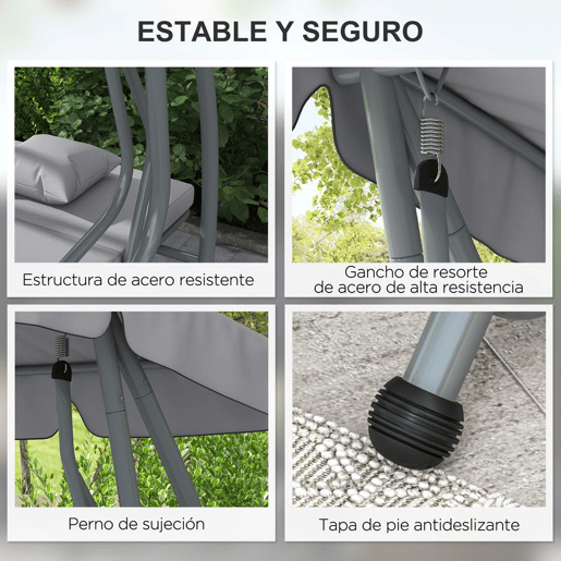 Outsunny Baloiço de Jardim Exterior de 3 Lugares Conversível em Cama 2 em 1 com Toldo Ajustável, Suportes Laterais e 2 Almofadas, Capacidade de 340 kg, 200x120x164 cm, Cinzento